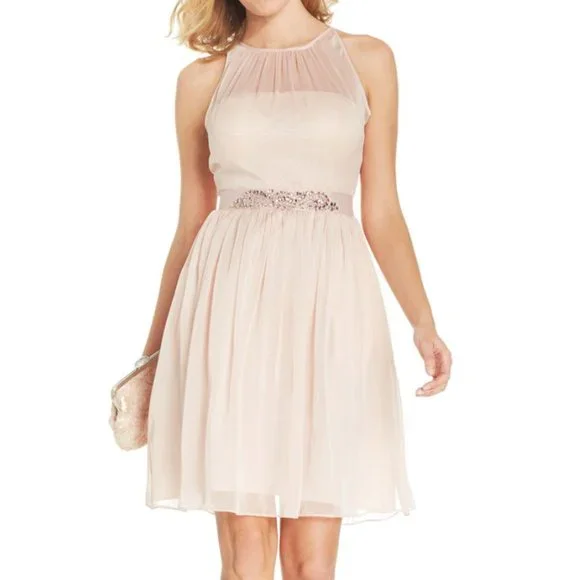 Adrianna Papell | Dresses | Adrianna Papell Belted Chiffon Halter Dress In  Almond | Poshmark